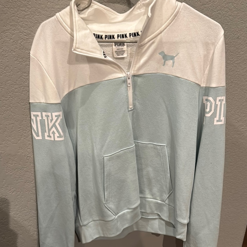 PINK Victoria's Secret Light Blue and White Hoodie